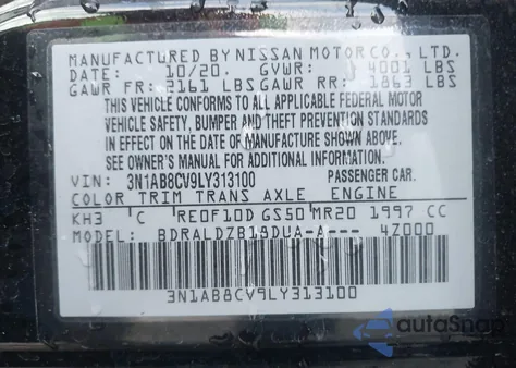 2020 Nissan Sentra Sv Xtronic Cvt from USA, damaged, VIN 3N1AB8CV9LY313100